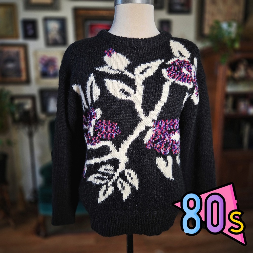 Western Connection Floral Sweater Vintage 80s Black Knit Purple Flowers Womens M